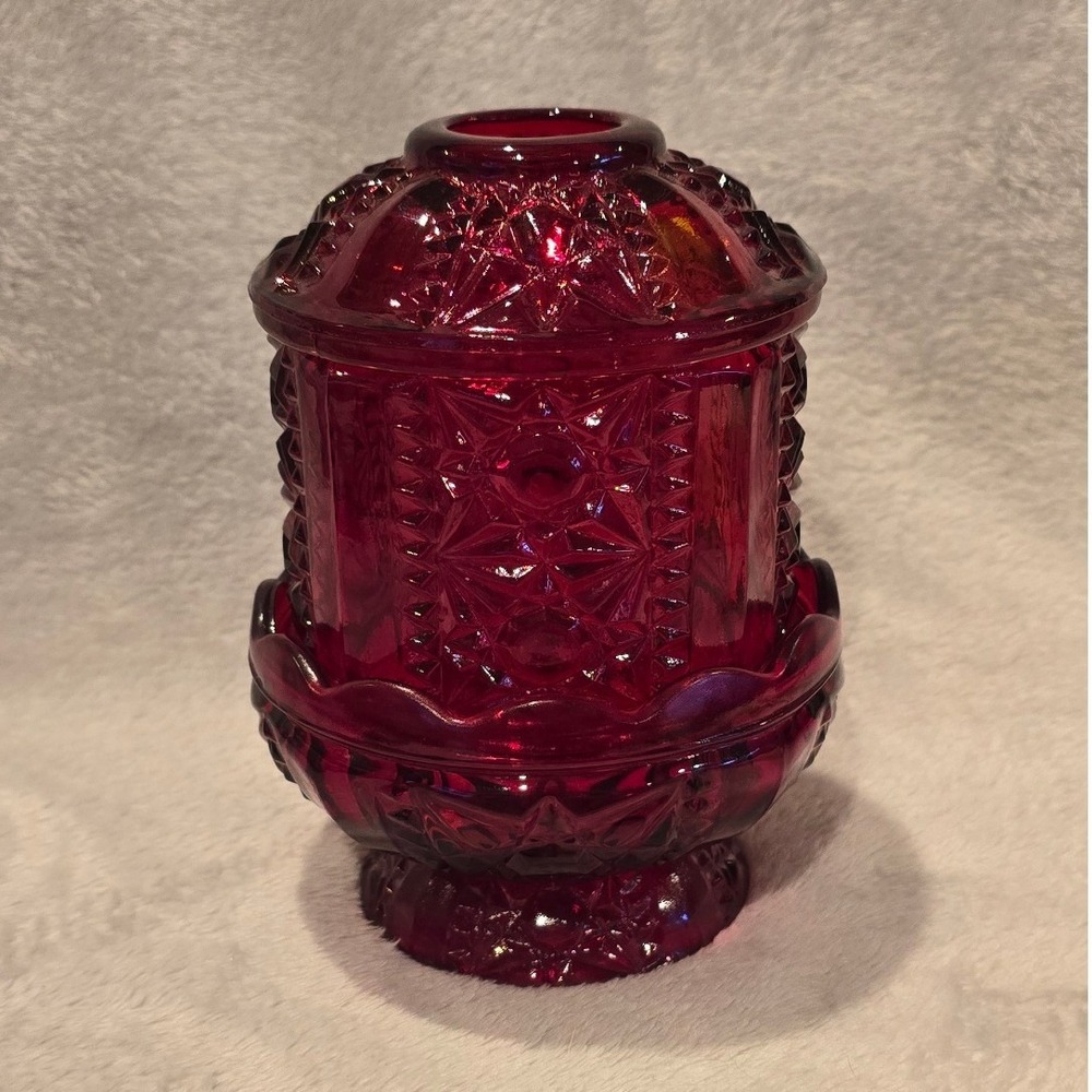 Vintage Indiana Glass Stars and Bars Ruby Flash‎ Red Fairy Lamp Candle Holder